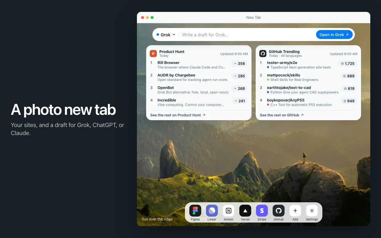 Ledge 新标签页,风景壁纸上有 Product Hunt 与 GitHub 卡片